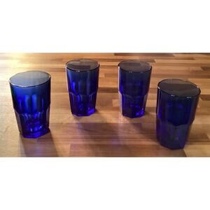 Set of 4 Vintage Libbey Crisa Cobalt Blue Drinking Glasses Paneled Tumbler 5.25"